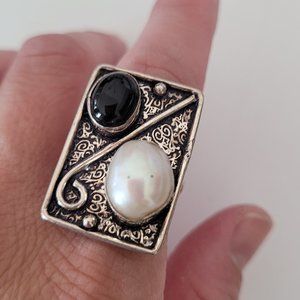Vintage Fashion Art Deco 925 Sterling Silver Onyx Pearl Sz 8
